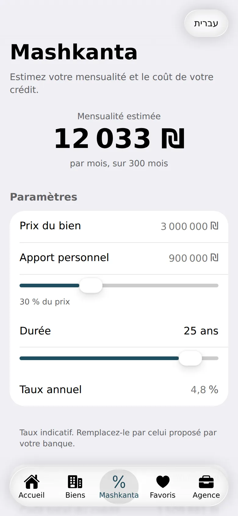Démo agence immobilière : le simulateur de mashkanta