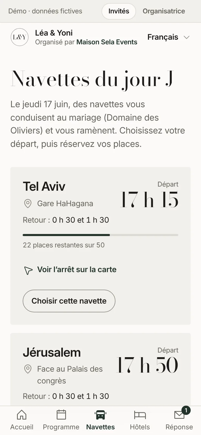 Démo mariage : la réservation des navettes