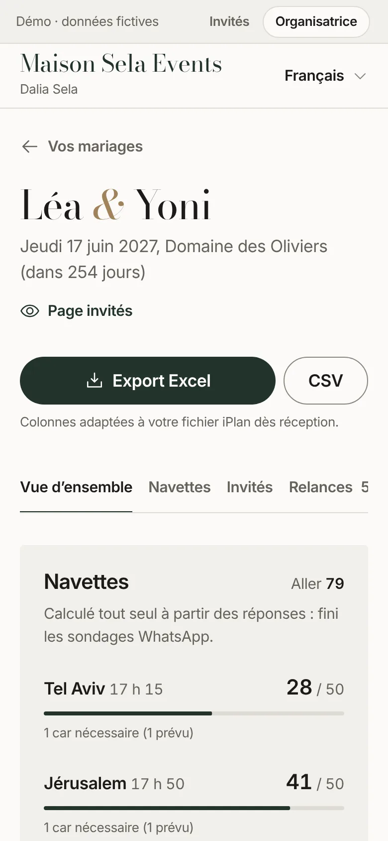 Démo mariage : l’espace de l’organisatrice, réponses et navettes